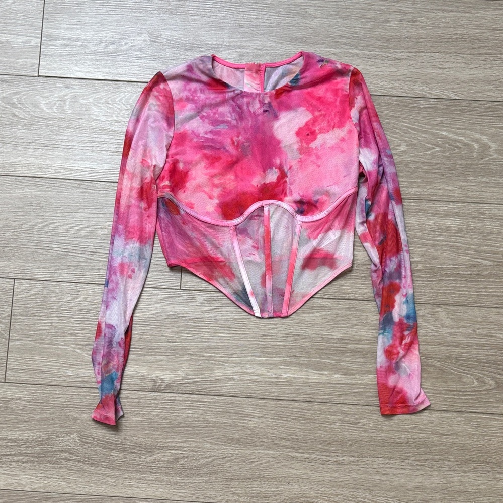 Bardot Pink Tie-Dye Long Sleeve Corset Crop Top